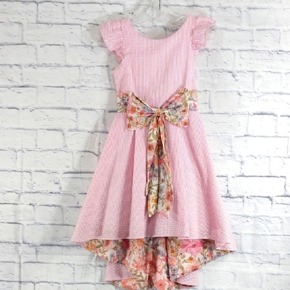 Rare Editions Dress Pink Striped w Metallic Threads Hi Lo Sz 8 - Picture 1 of 8